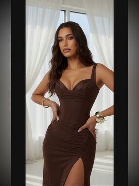 HOUSE OF CB 'Lini' Burgundy Stretch Mesh Maxi Dress/Small (Plus) US 4-6